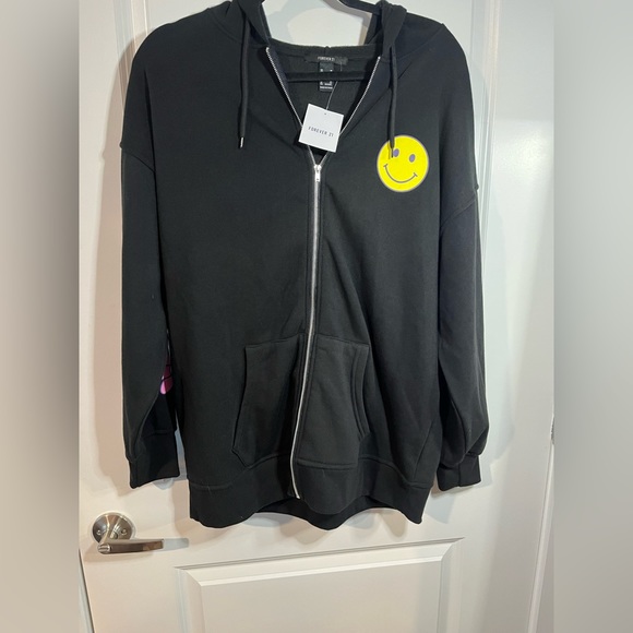 NWT Forever 21 Happy Face Graphic Zip-Up Hoodie Size Medium - Picture 7 of 14